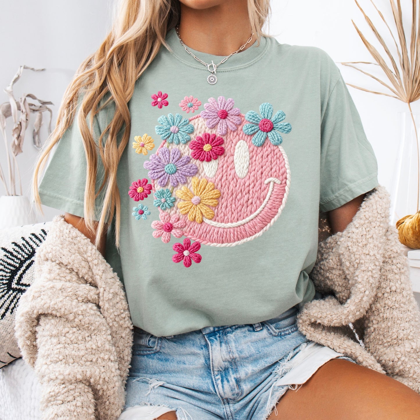 floral smile faux yarn clear film screen print