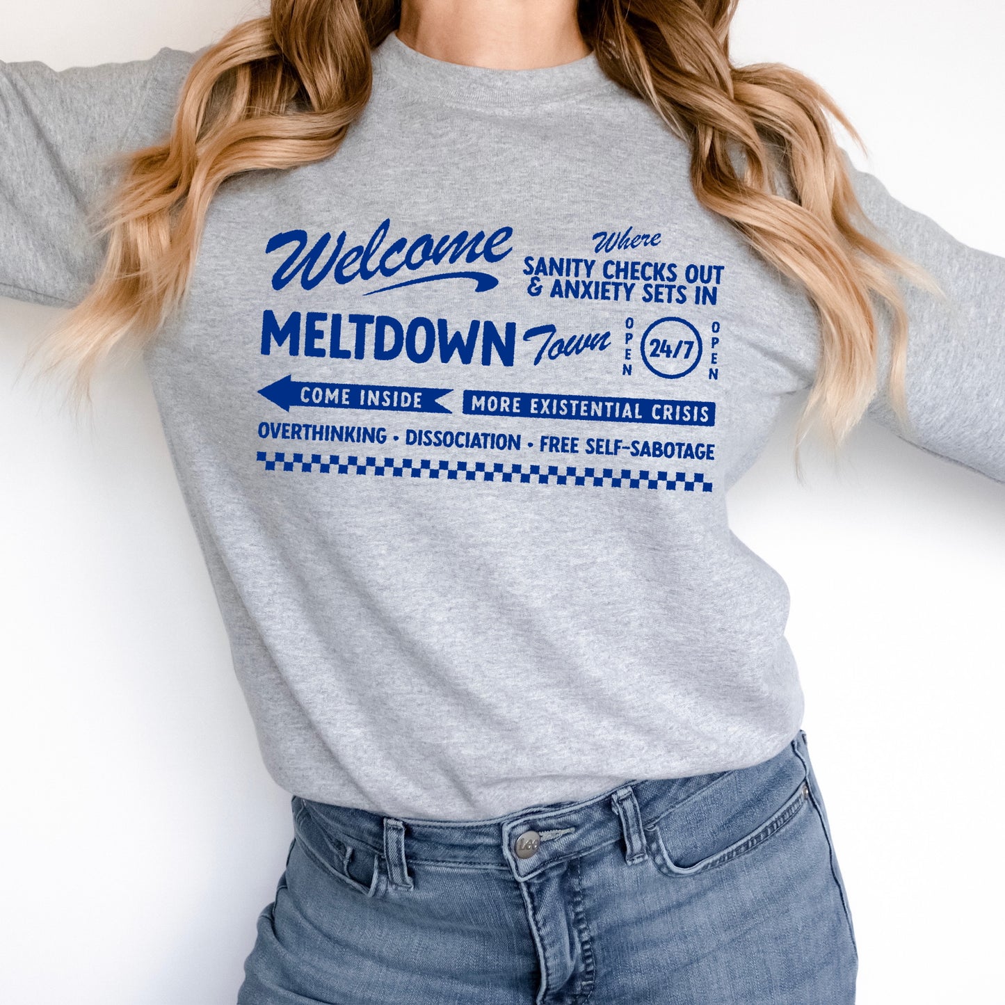 BLUE welcome to MELTDOWN TOWN screen print transfer