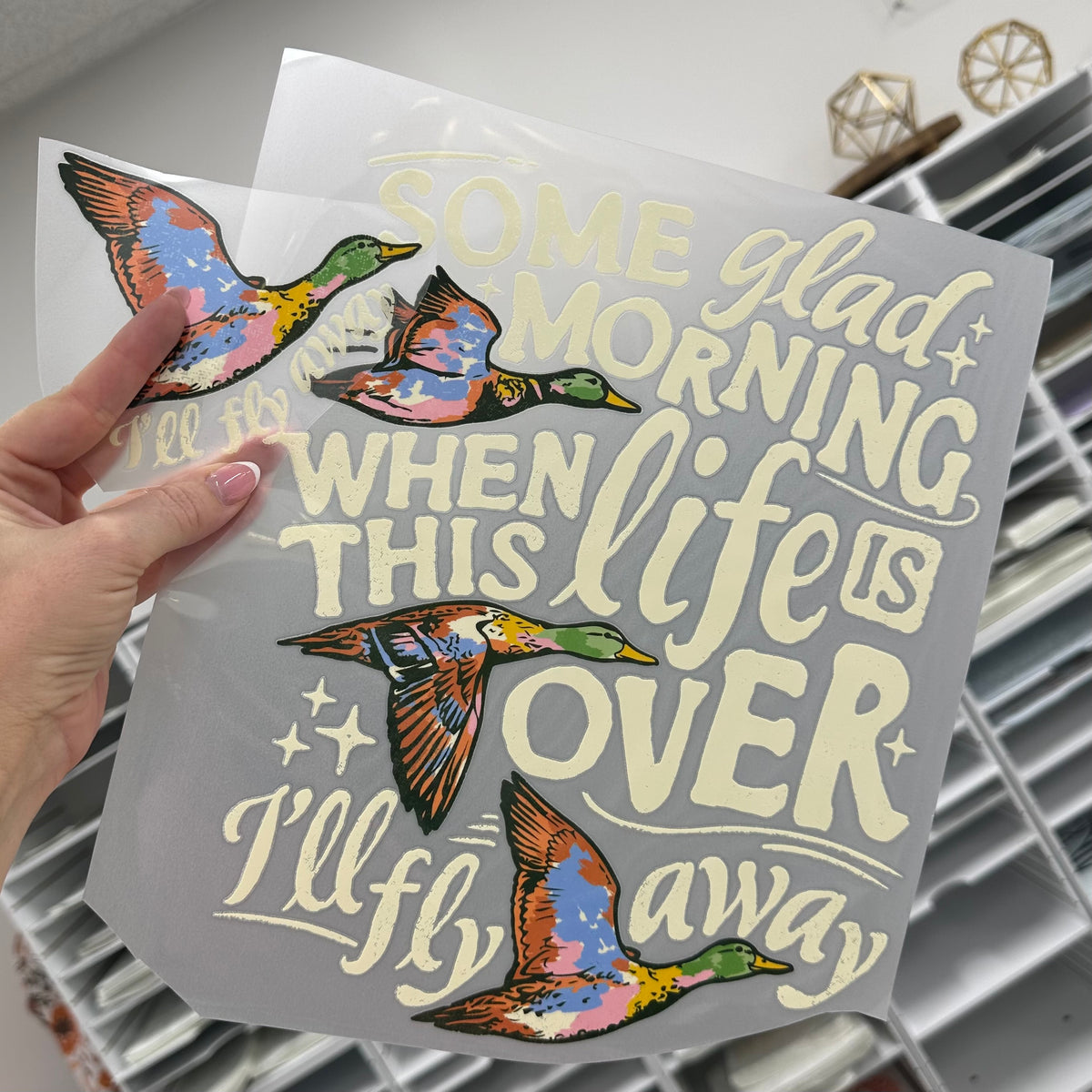 some glad morning ill fly away clear film screen print