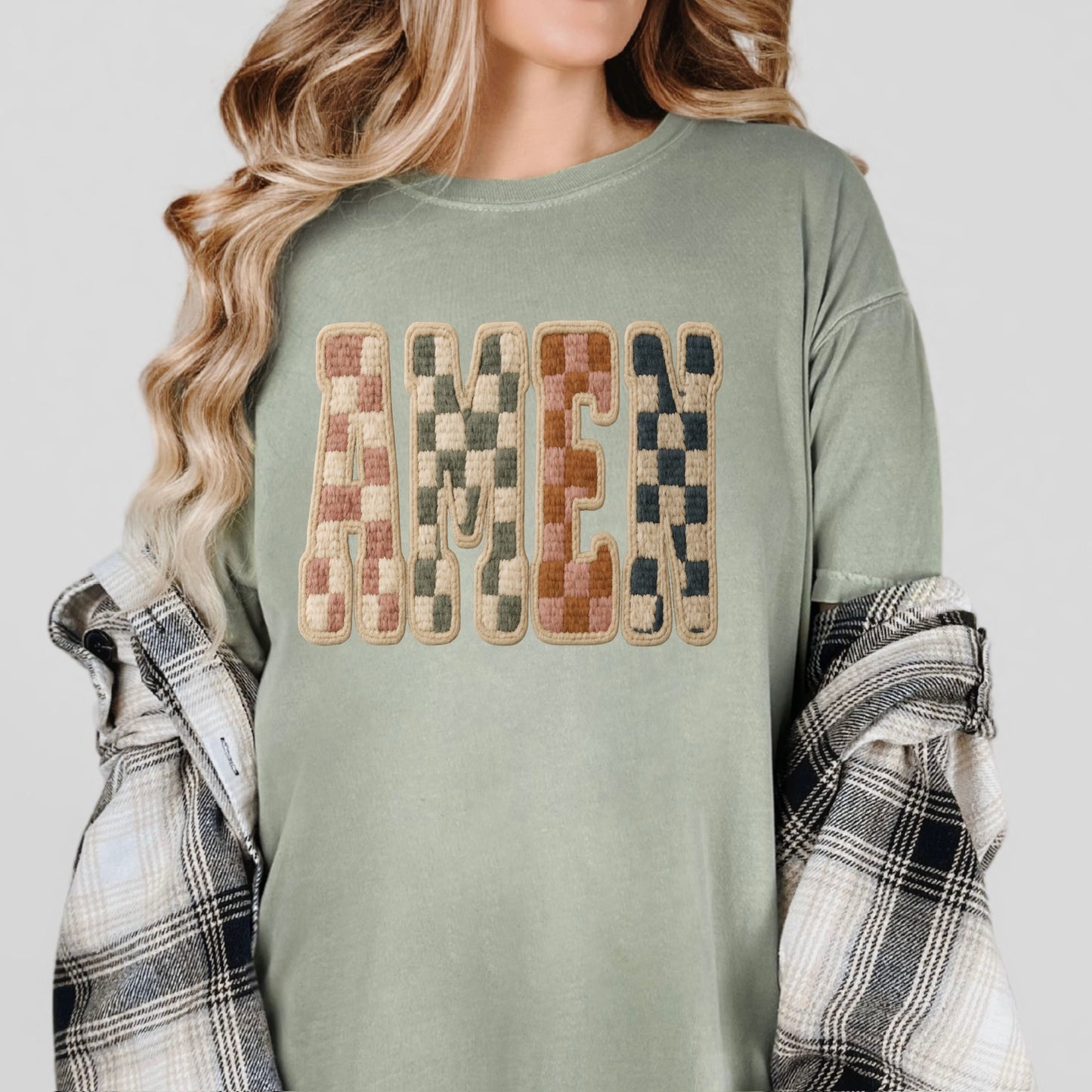 Amen checkered clear film screen print