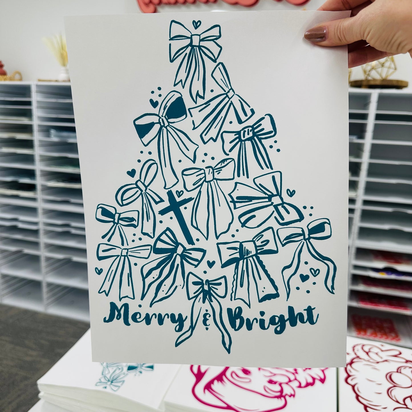 bow tree teal ink screen print transfer