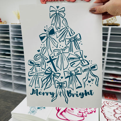 bow tree teal ink screen print transfer