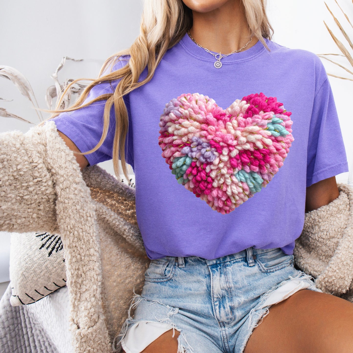 Faux yarn multi color heart clear film screen print