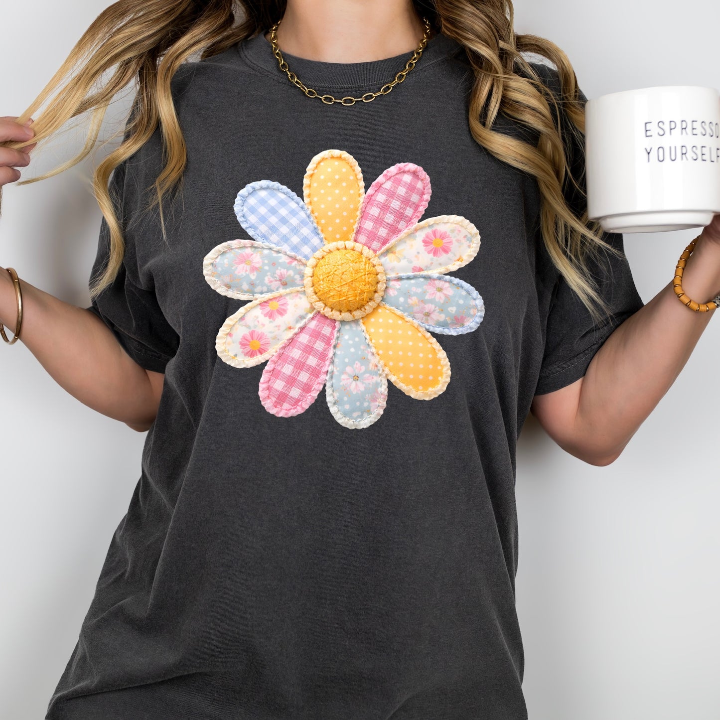 patchwork daisy clear film screen print