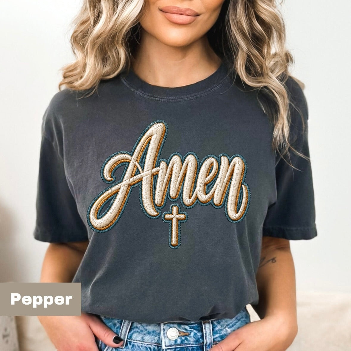 Amen faux embroidery clear film screen print