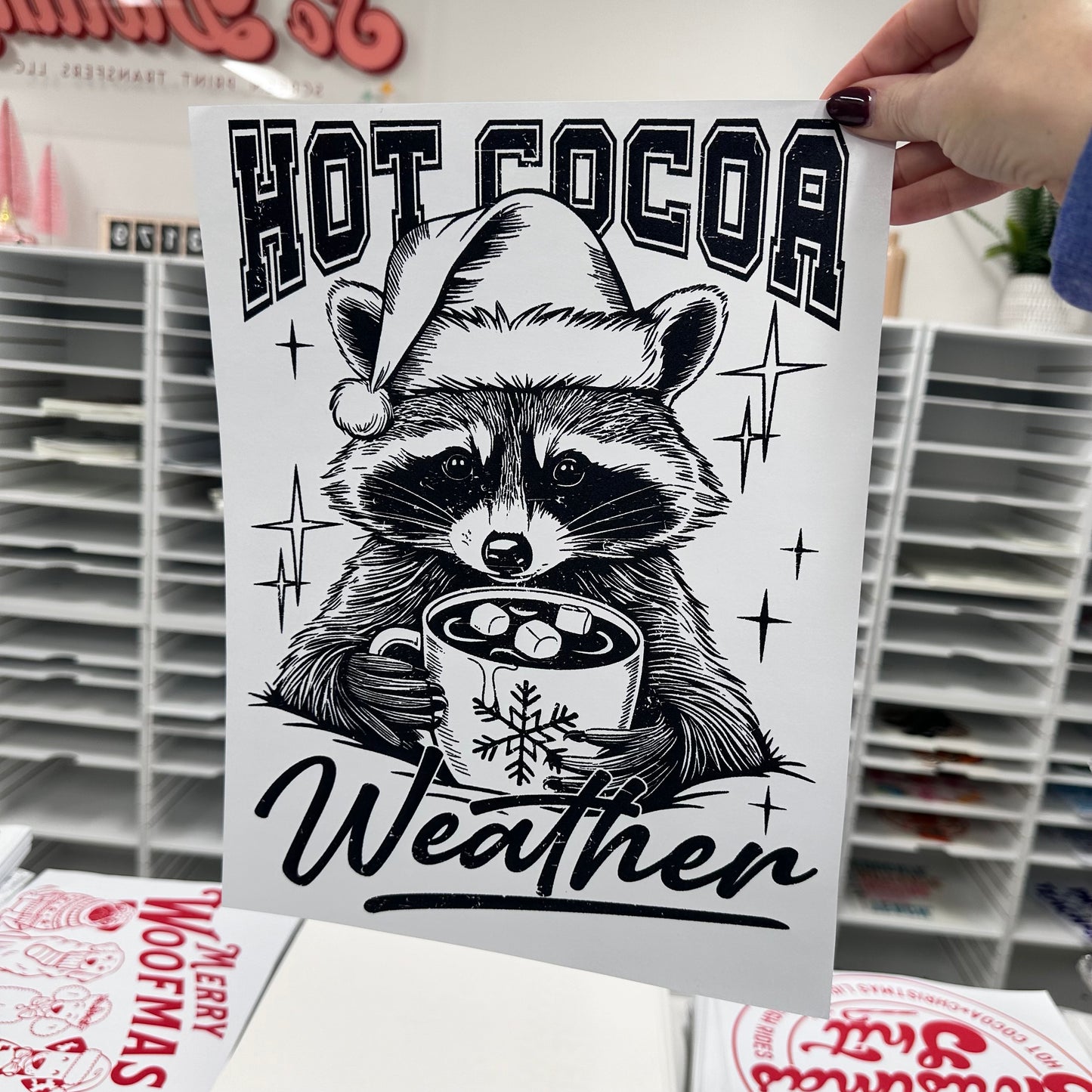 hot cocoa weather raccoon screen print transfer