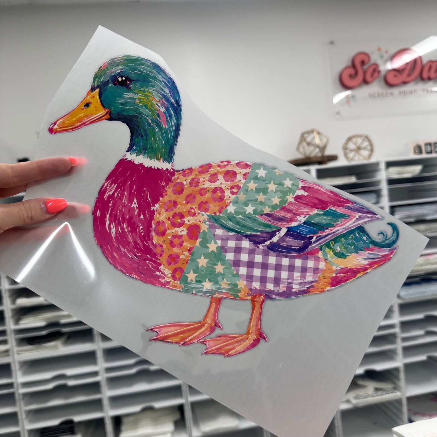 watercolor mallard duck clear film screen print
