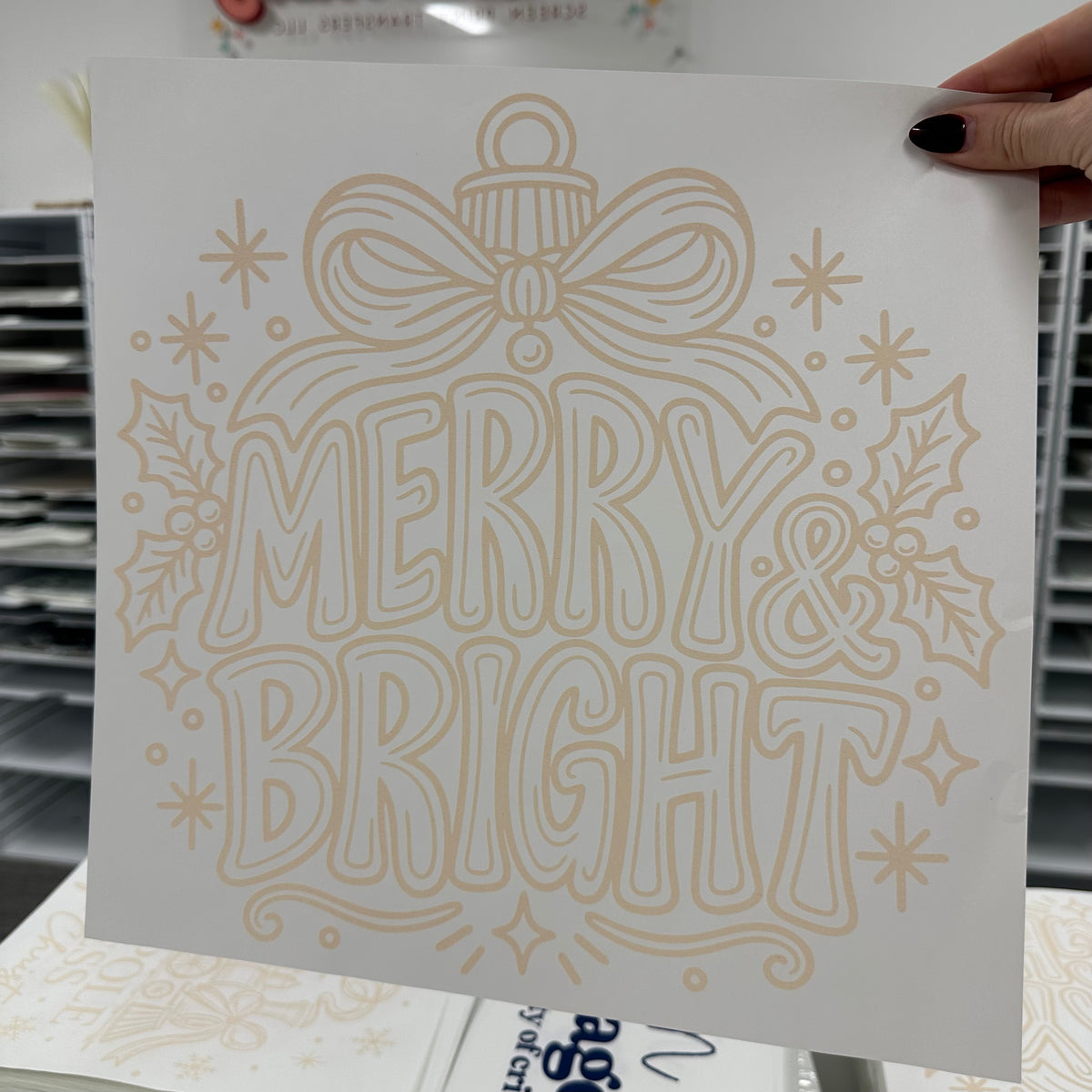 merry & bright beige screen print transfer