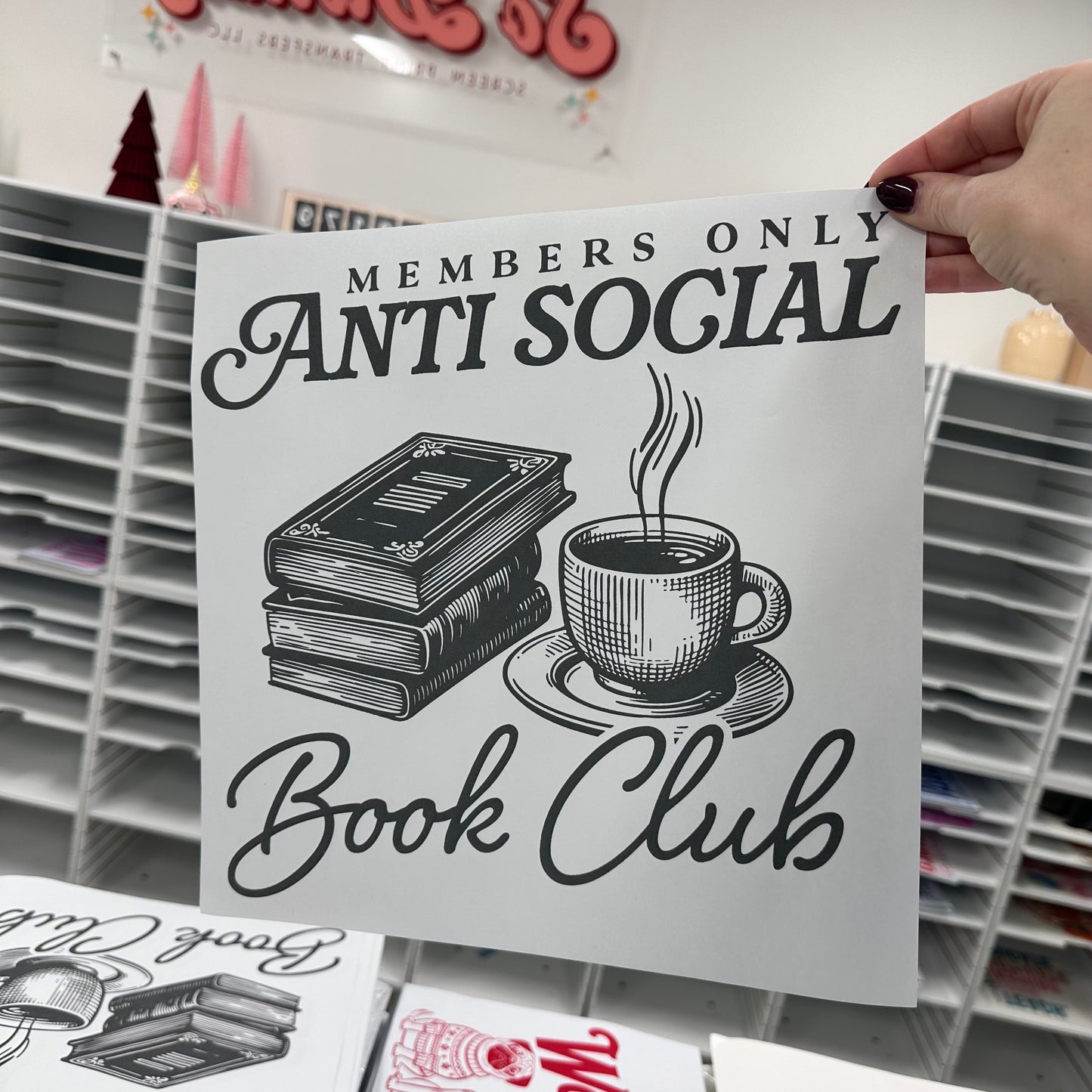 anti social book club screen print transfer