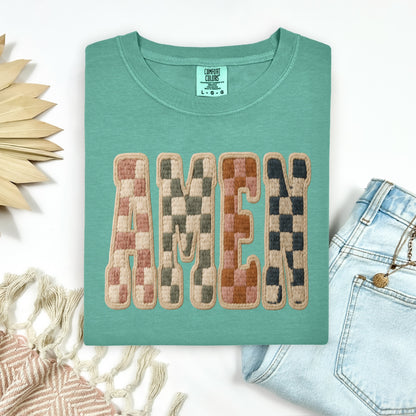 Amen checkered clear film screen print