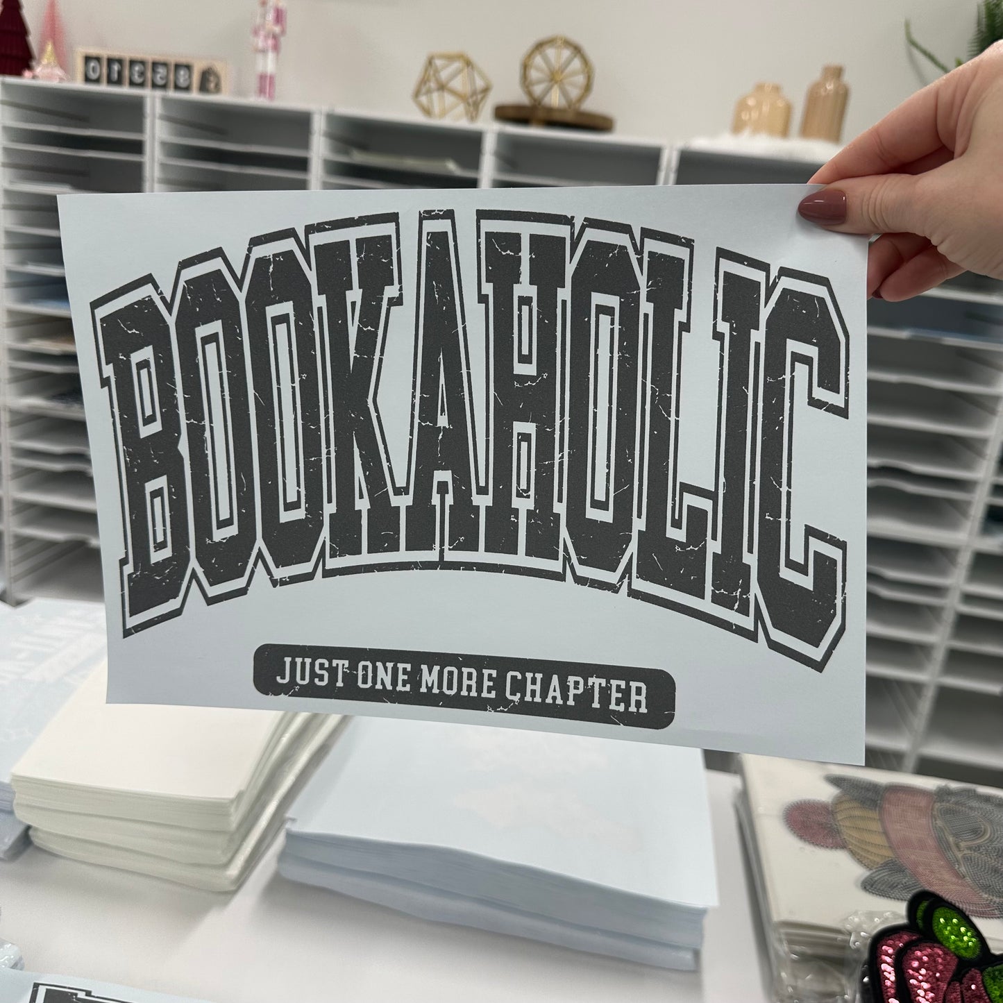 Bookaholic screen print transfer