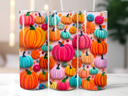 Bright pumpkins faux embroidery tumbler sublimation transfer