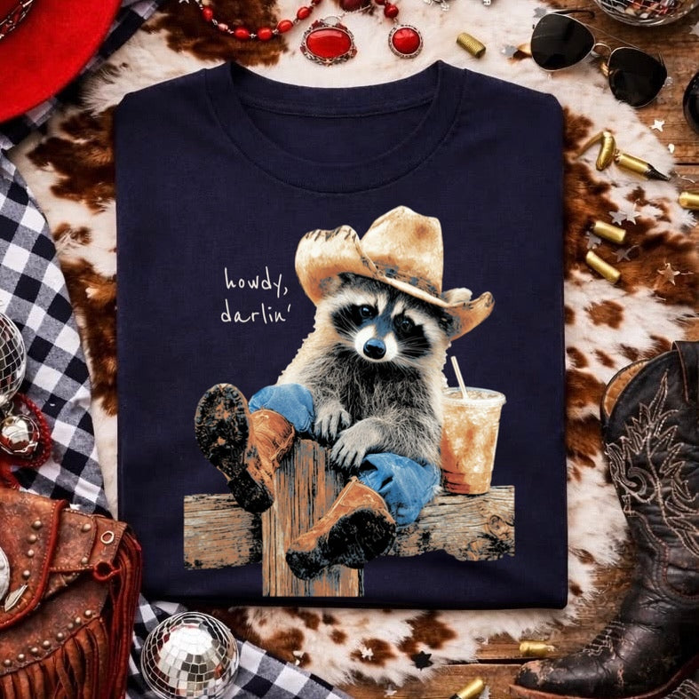 howdy darlin' raccoon clear film screen print