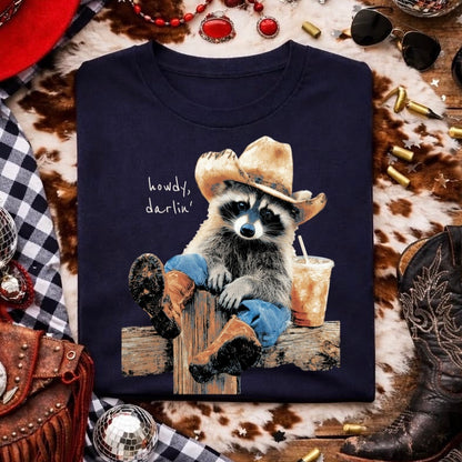 howdy darlin' raccoon clear film screen print