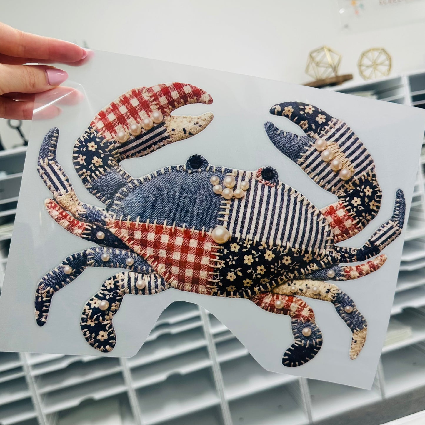 patchwork crab clear film screen print