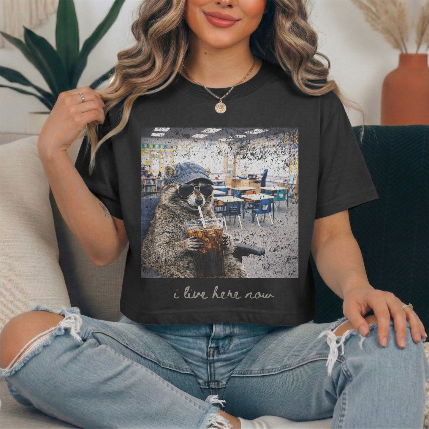 I live here now classroom raccoon clear film screen print