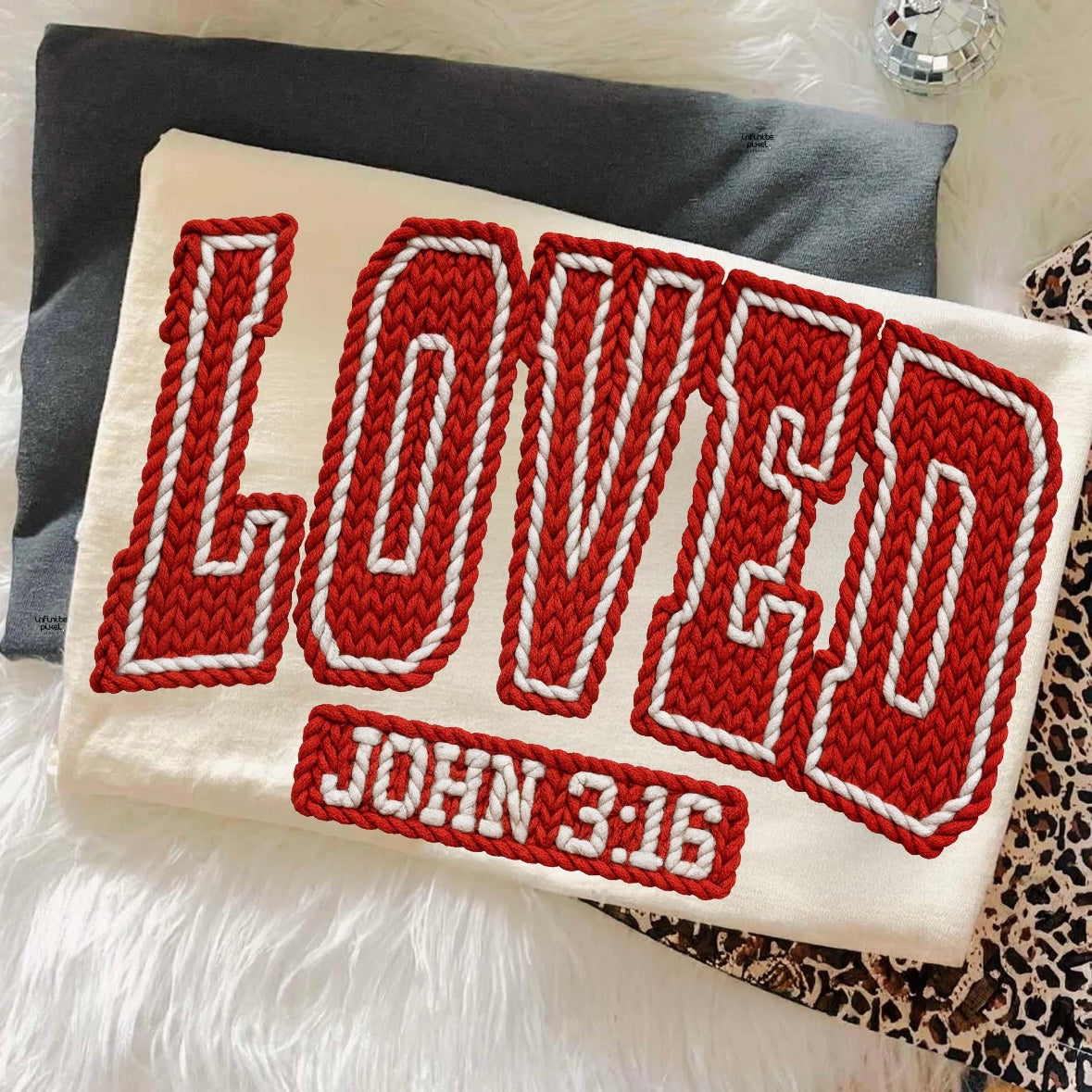 Loved faux yarn john 3:16 clear film screen print