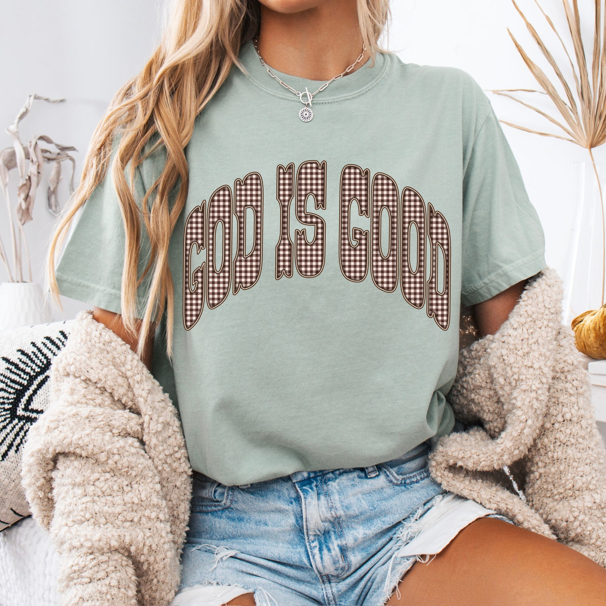 God is good gingham clear film screen print