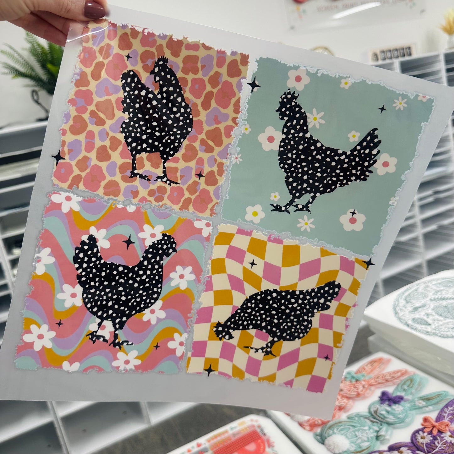 retro chickens clear film screen print