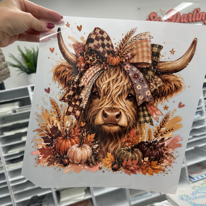 autumn highland cow clear film screen print
