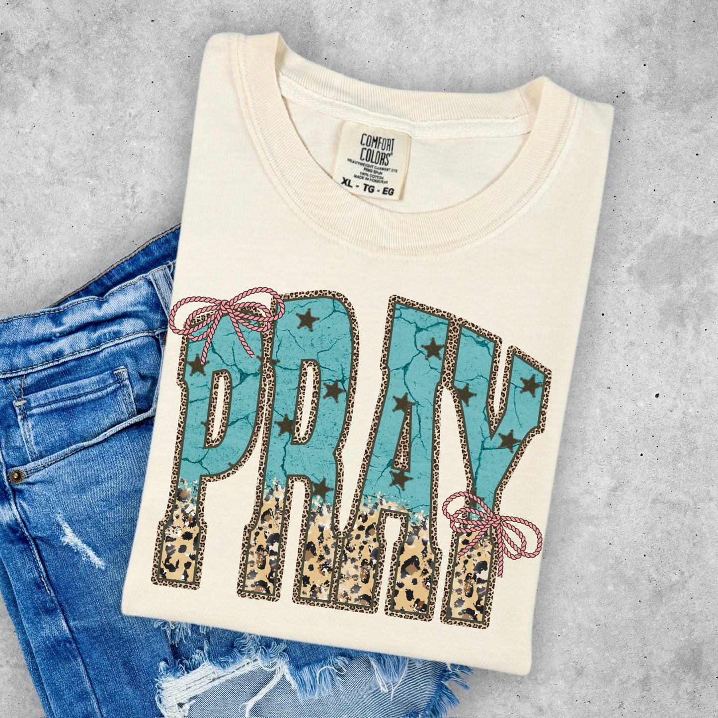 PRAY turquoise & leopard clear film screen print