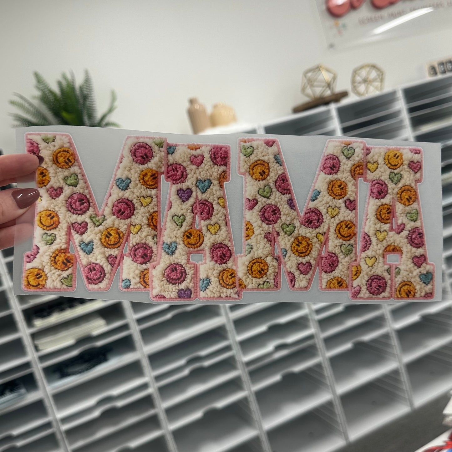 mama smiles faux yarn clear film screen print