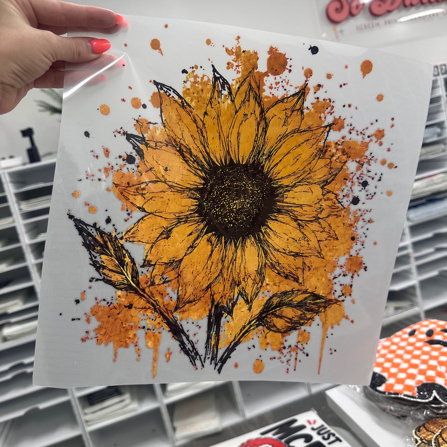 sunflower splatter clear film screen print