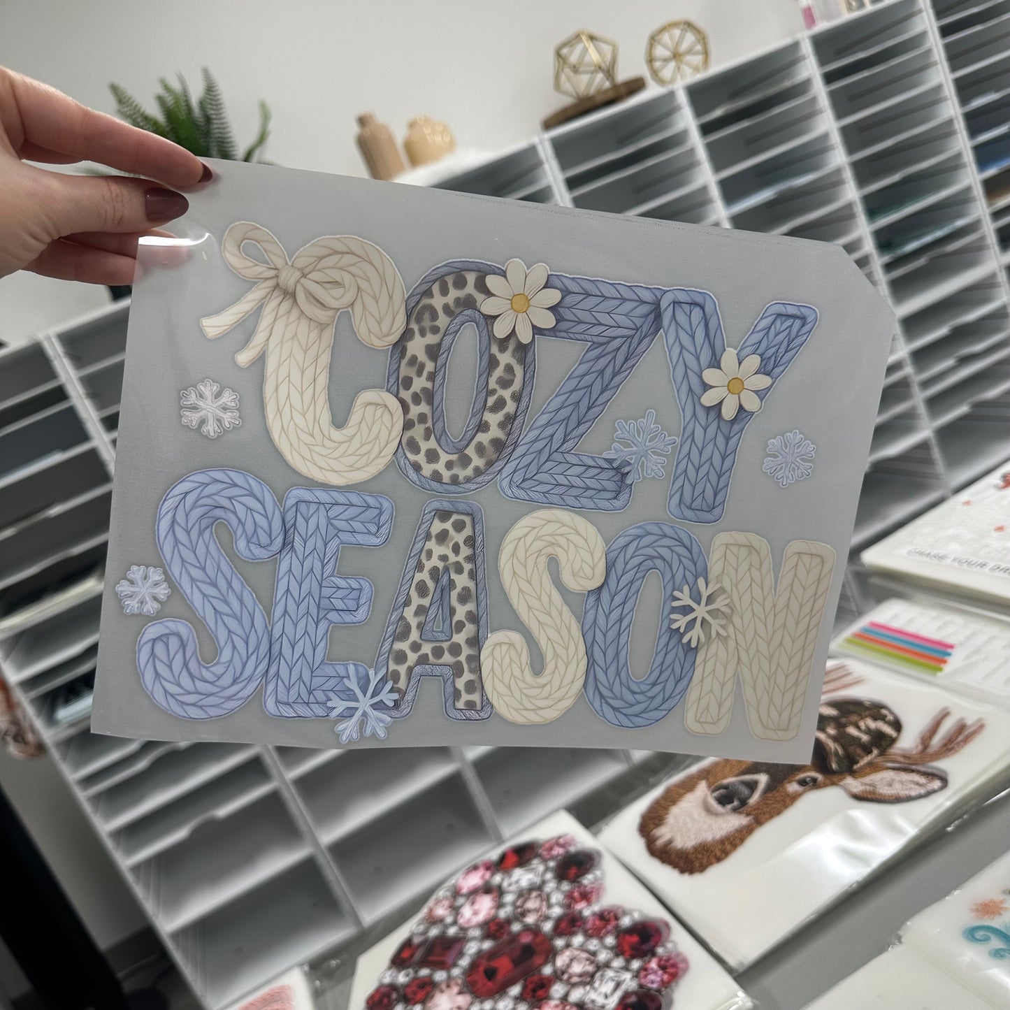 Cozy Season blue clear film screen print