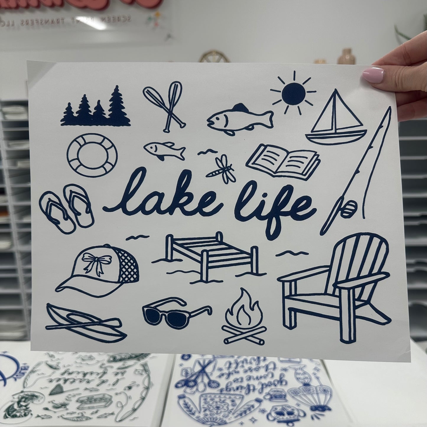 lake life navy ink screen print transfer•