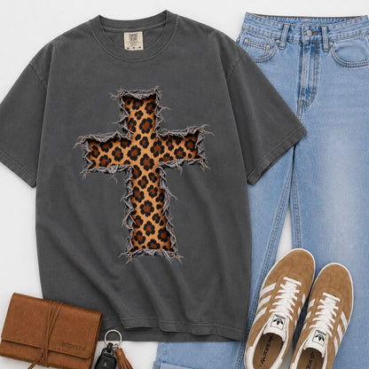 leopard cross ripped clear film screen print