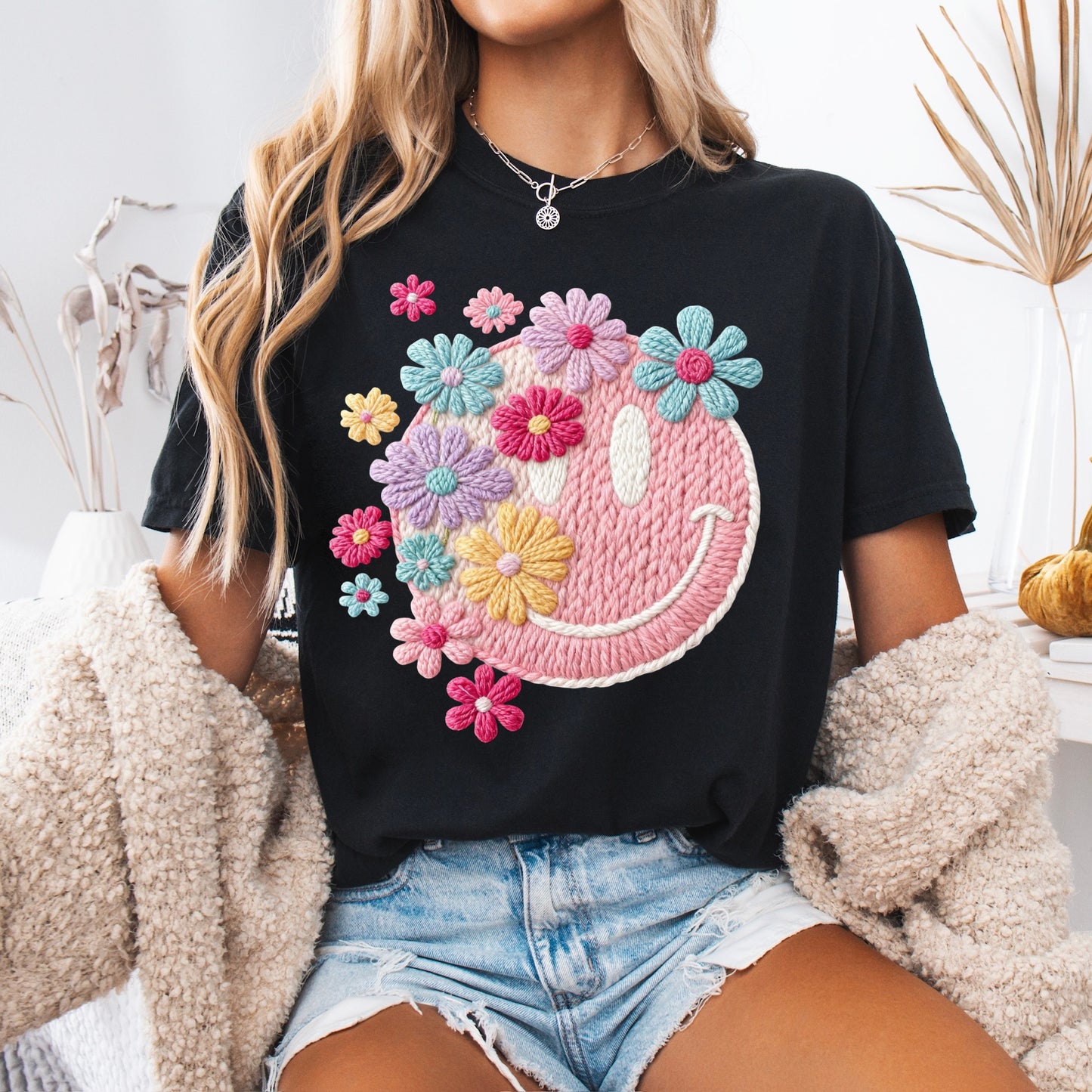 floral smile faux yarn clear film screen print