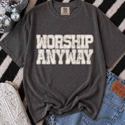 beige ink WORSHIP ANYWAY screen print transfer•