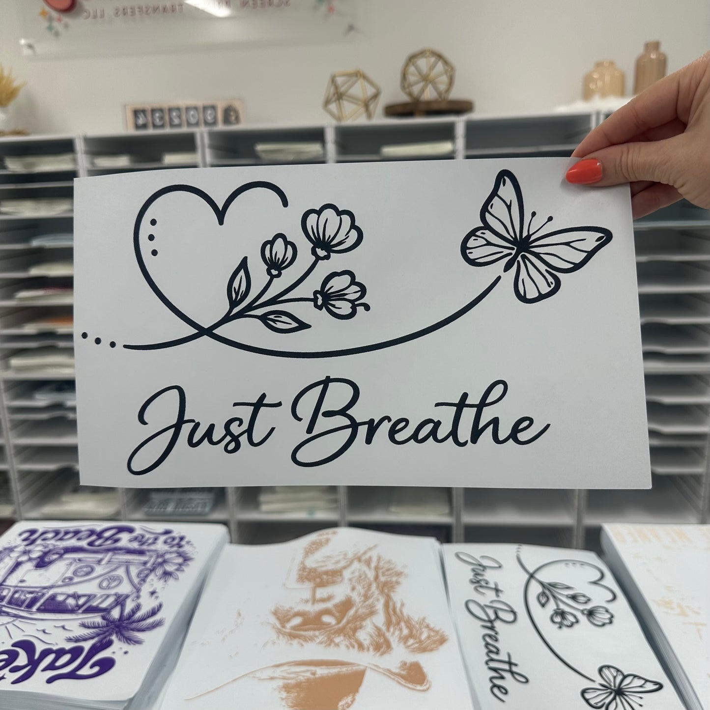 just breathe screen print transfer•