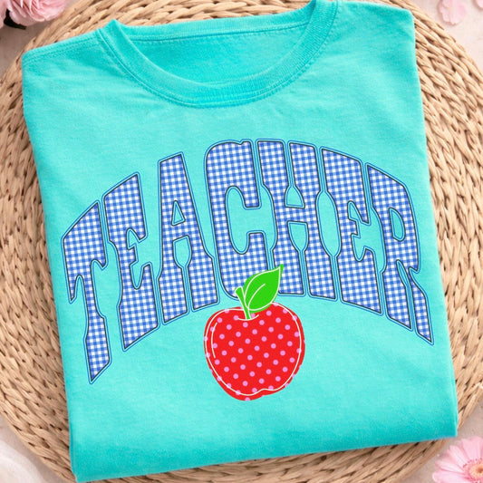 Teacher blue gingham clear film screen print•