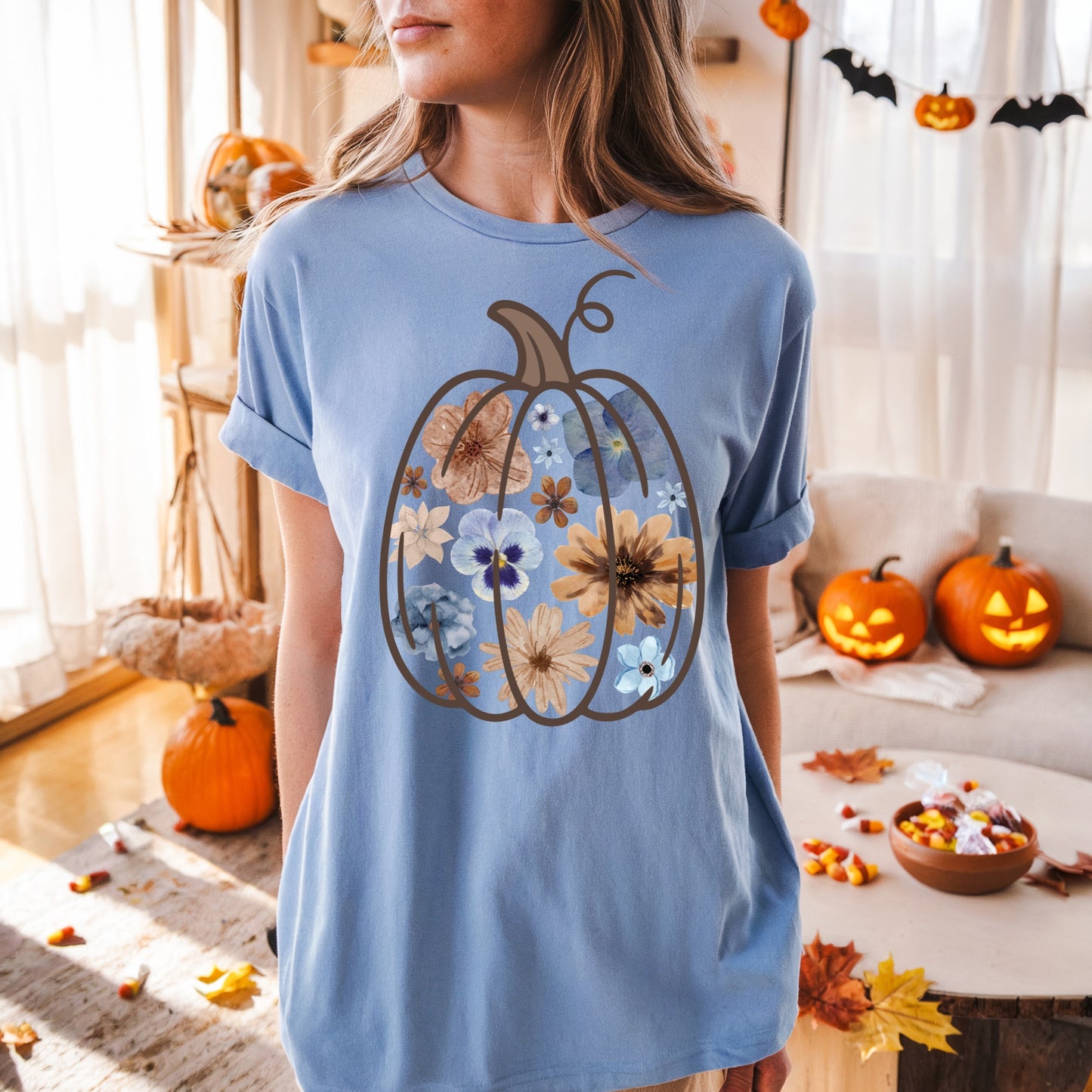 blue watercolor floral pumpkin clear film screen print