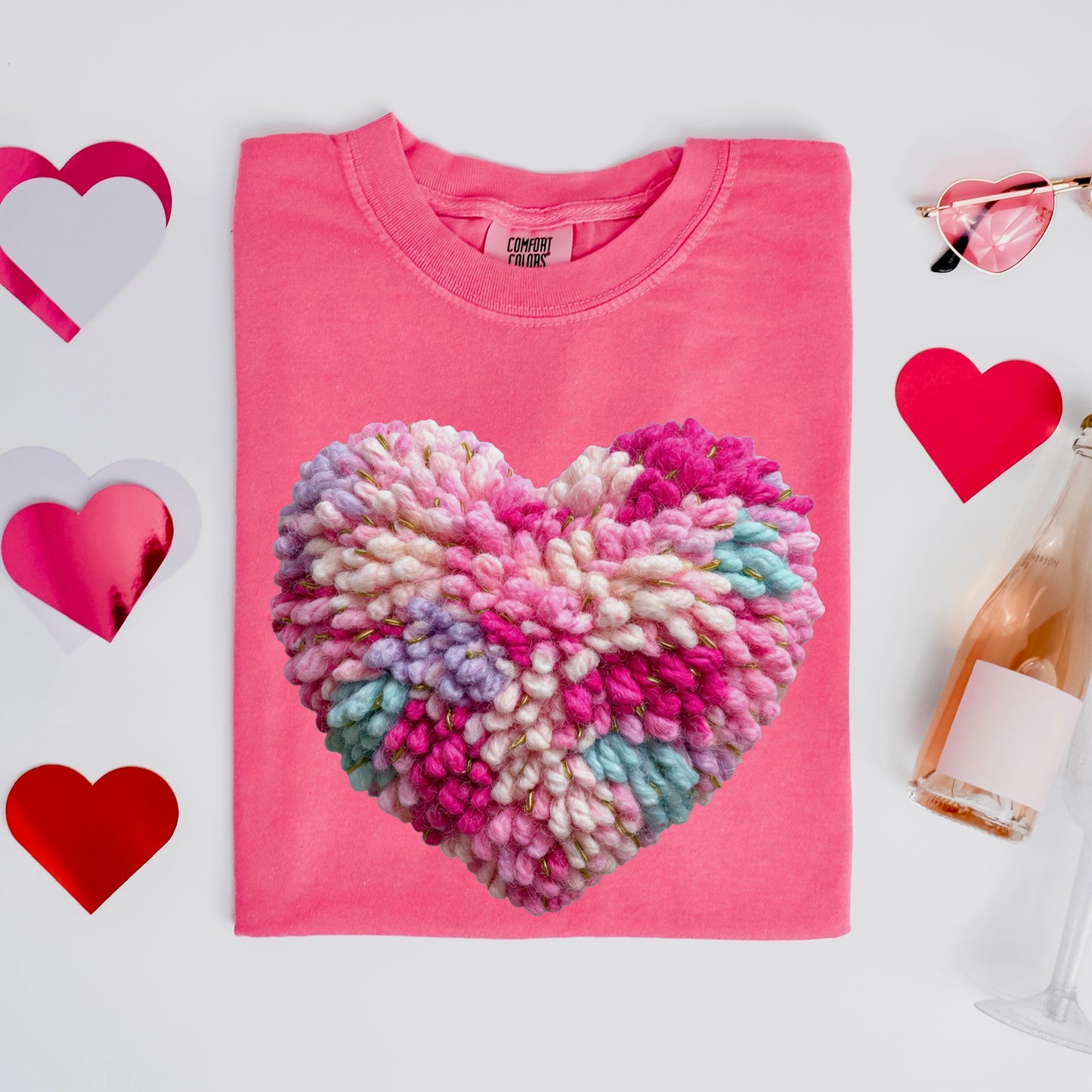 Faux yarn multi color heart clear film screen print