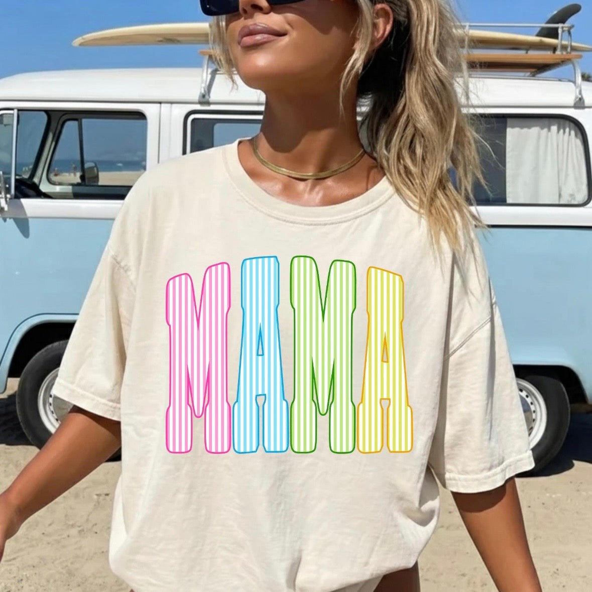 striped MAMA clear film screen print