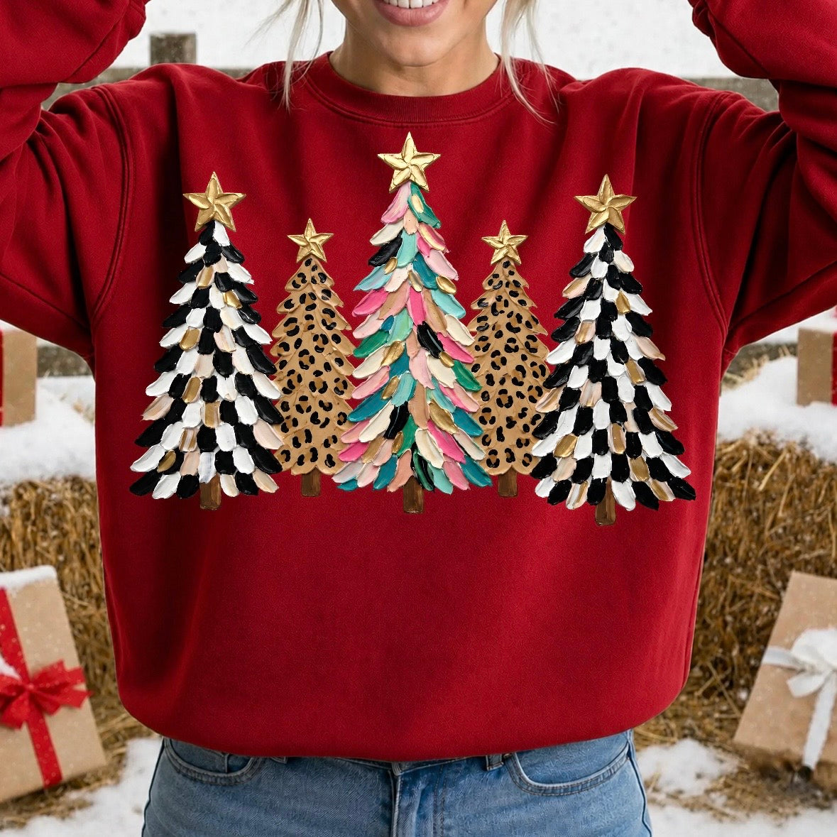 mixed pattern christmas trees clear film screen print