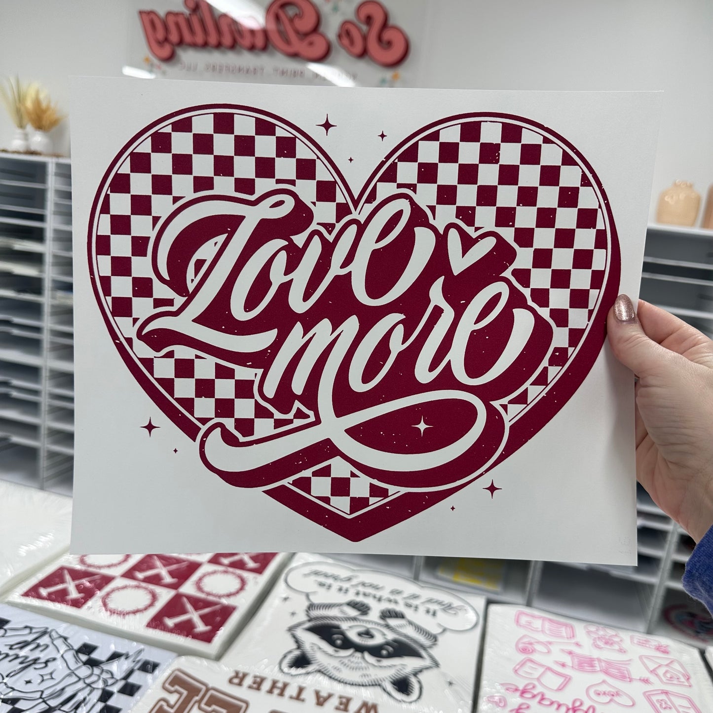 Love More heart burgundy ink screen print transfer