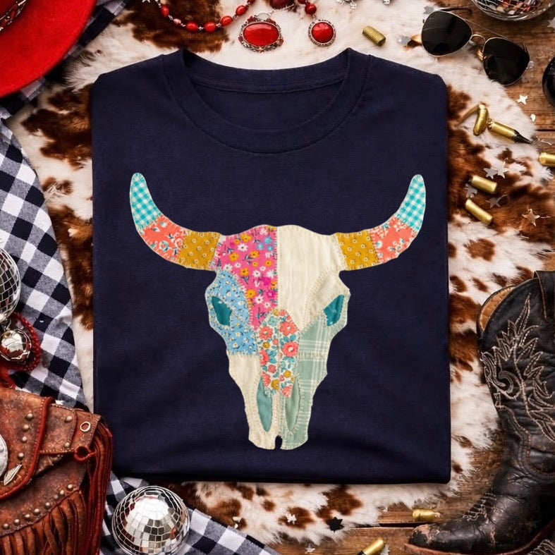 patchwork bull skull clear film screen print