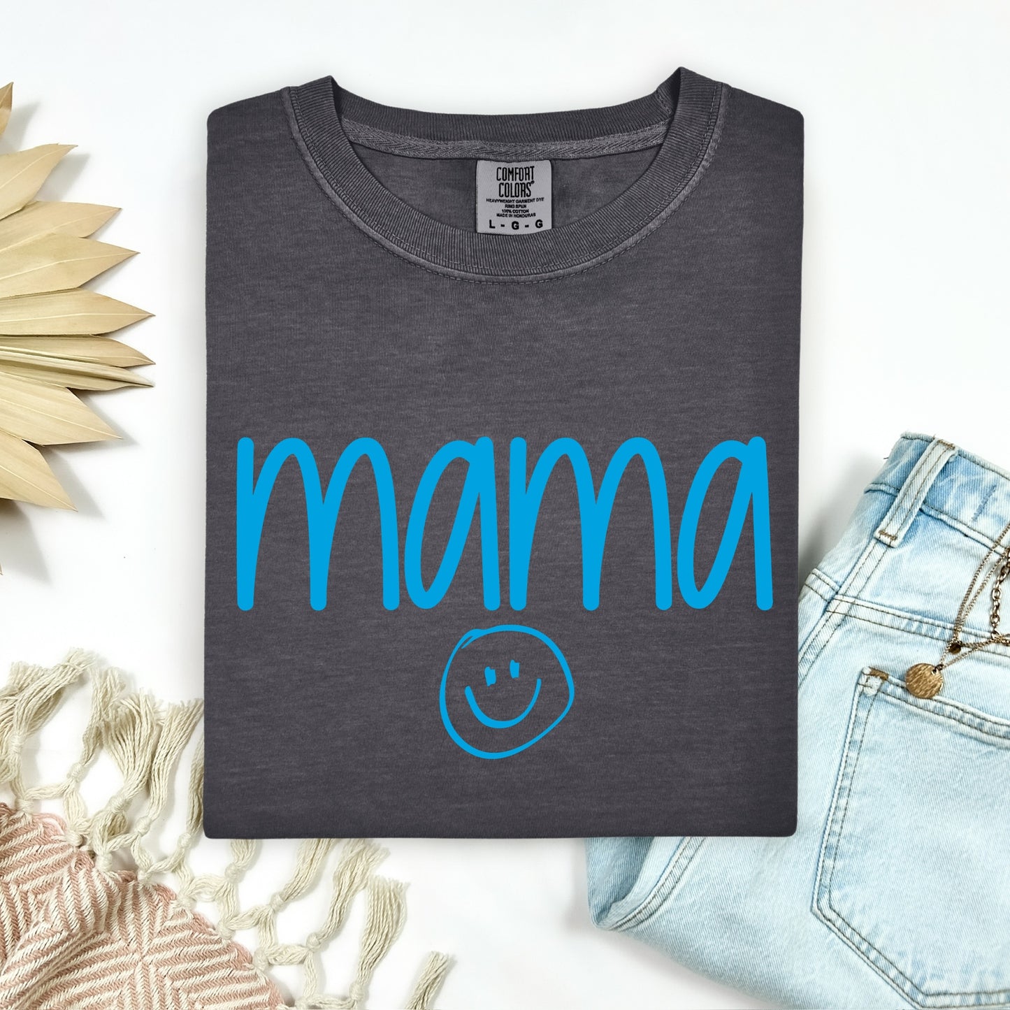 mama bright blue screen print transfer•
