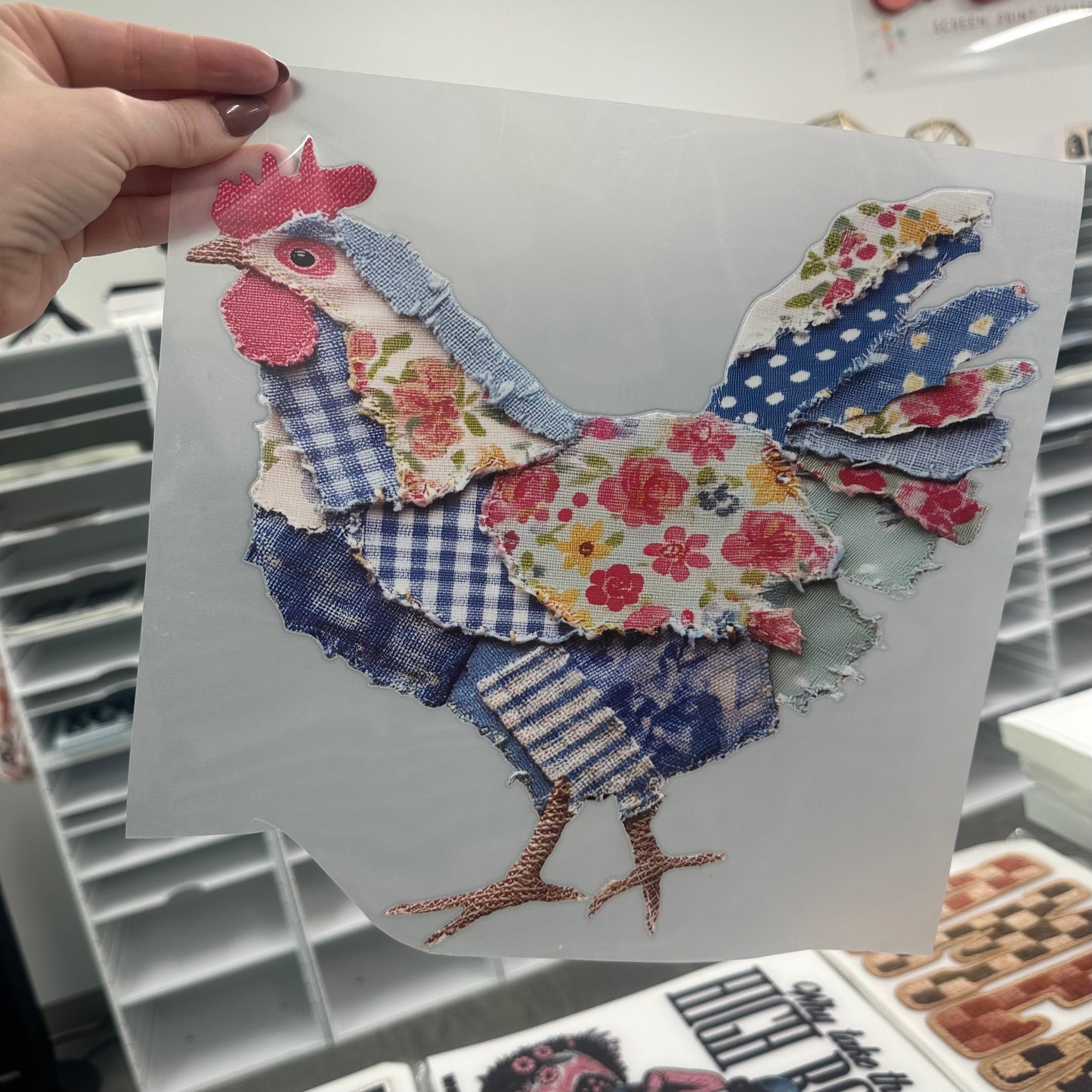 patchwork spring chicken clear film screen print