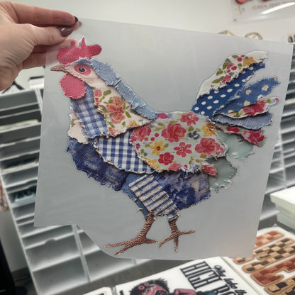 patchwork spring chicken clear film screen print