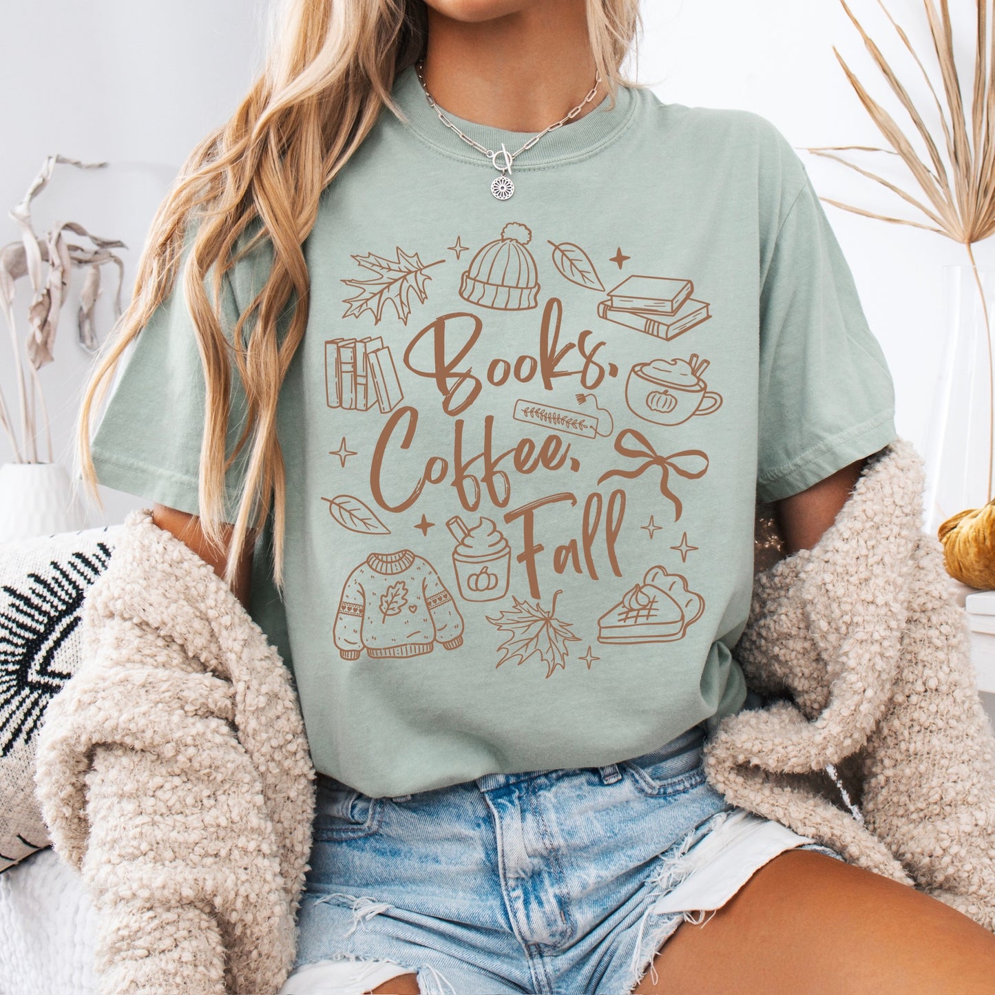 books, coffee, & fall screen print transfer•