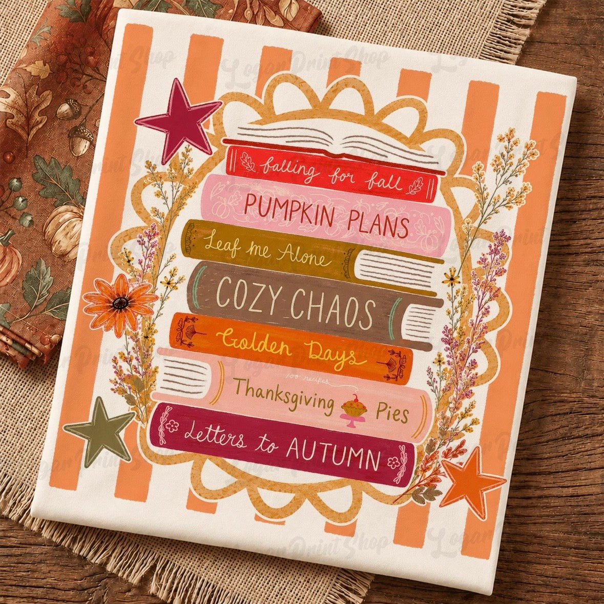 autumn book stack clear film screen print