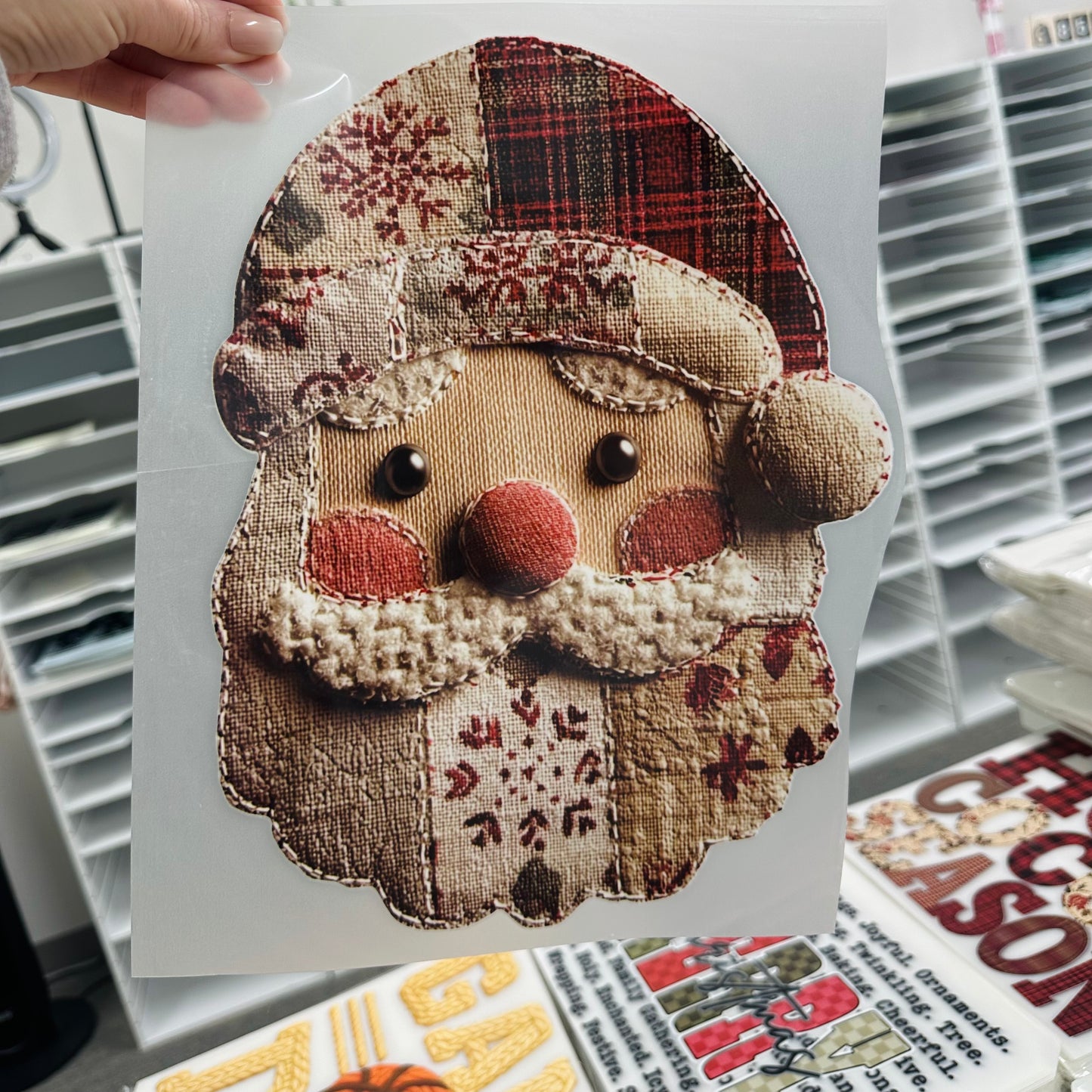 Santa faux burlap clear film screen print