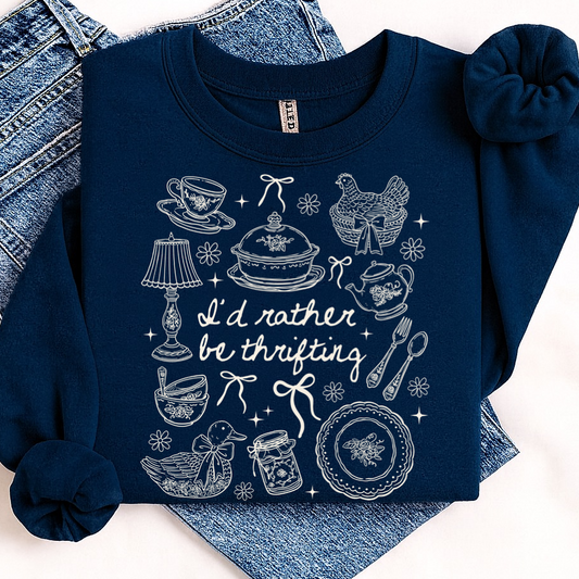 A navy blue long-sleeve sweatshirt with a white line-art graphic of teacups, a lamp, a chicken, a duck, a jar, and the phrase 'I'd rather be thrifting', styled flat-lay on top of blue jeans against a white background.