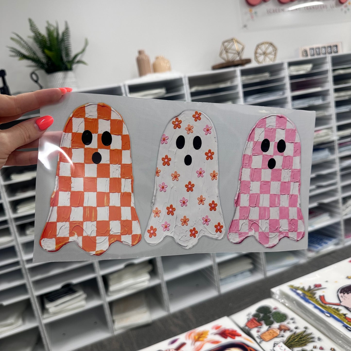 pink & orange ghost trio clear film screen print