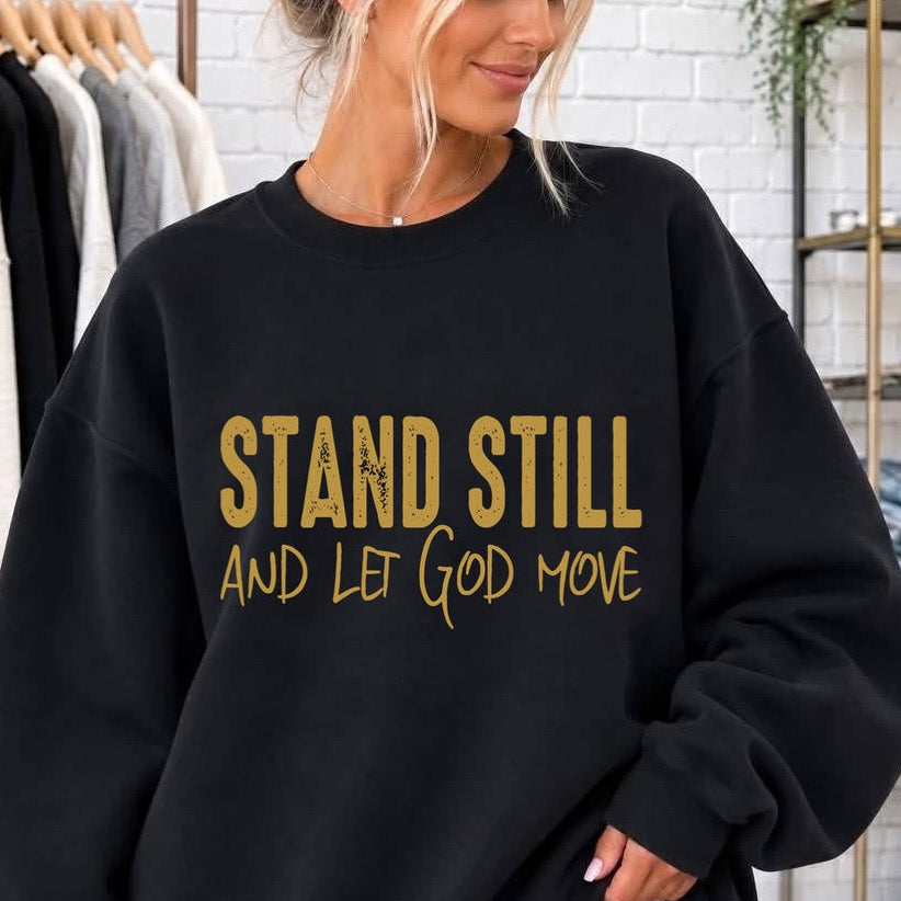 metallic gold stand still let God move screen print transfer•