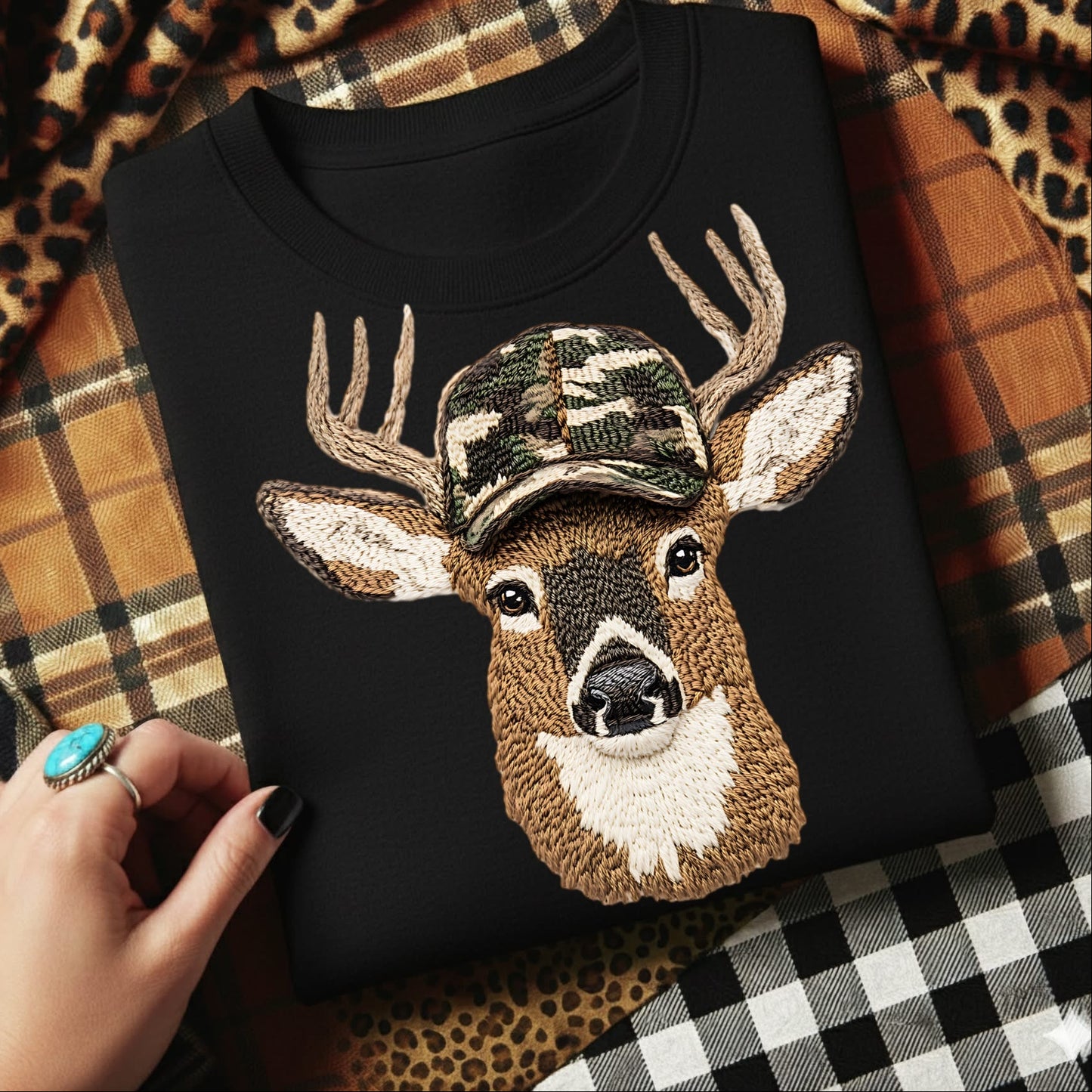 camo faux yarn deer clear film screen print